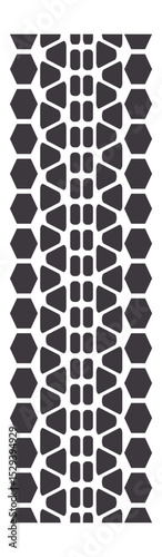 Vertical close up of a tire tread pattern featuring prominent hexagons and geometric shapes, emphasizing safety, grip, and performance on various road surfaces