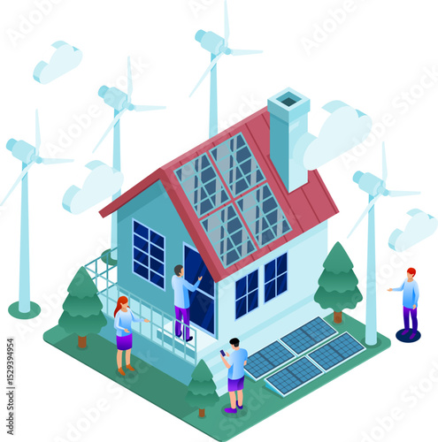 green energy house with people – ecofriendly vector illustration