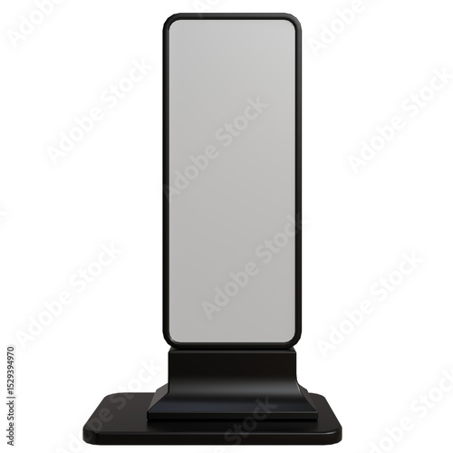Tall, slender, black, freestanding digital display with a blank, light-grey screen, resting on a small, rectangular base.  Minimalist design, suitable for indoor or outdoor advertising