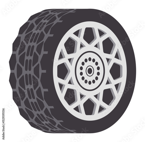 Car wheel rotating and showing its complex rim design, featuring a textured tire for enhanced grip and performance on various road surfaces