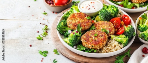 Vegan cutlets with quinoa- broccoli and salad in plates on a light wooden board.