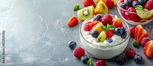 Assorted fresh fruits with yogurt- healthy breakfast- healthy eating concept