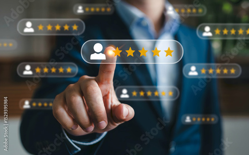 A businessman interacts with a digital interface showcasing five-star ratings customer reviews feedback online reputation management excellent service business success