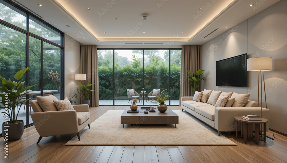 Fototapeta premium Modern spacious living room with wooden accents, black sofas, cozy lighting, and decorative plants in an elegant interior design