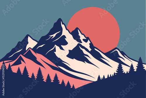 Stylized mountain range at sunset with trees and a vibrant color palette