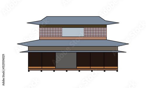 Japanese traditional house with tiled roof and wood-tone facade in flat color and outline. Vector icon perfect for cultural, tourism, or educational content.
