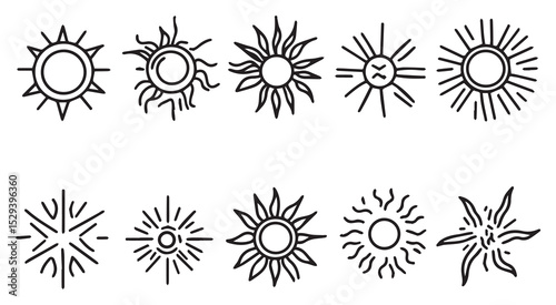 Twelve Black Line Art Sun Icons Graphic Vector Elements