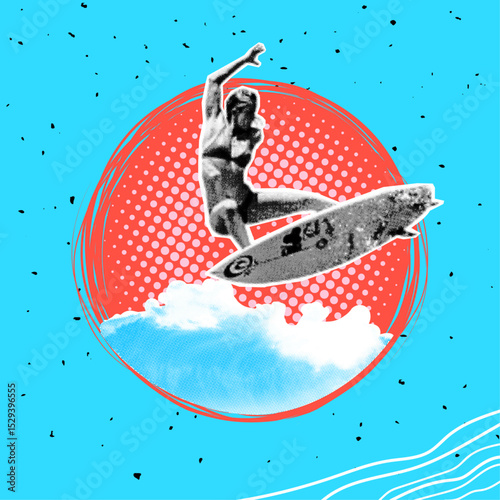 Trendy halftone pop art collage of happy positive cheerful girl swimming jumping on surfboard tropical resort ocean waves. Negative space for text, ads, announcements