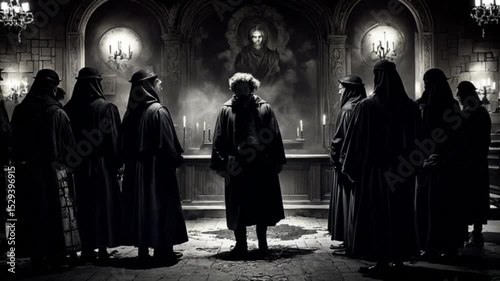 A man in a dark coat stands before a group of cloaked figures in a dimly lit chapel, a painting of a religious figure hanging above them.