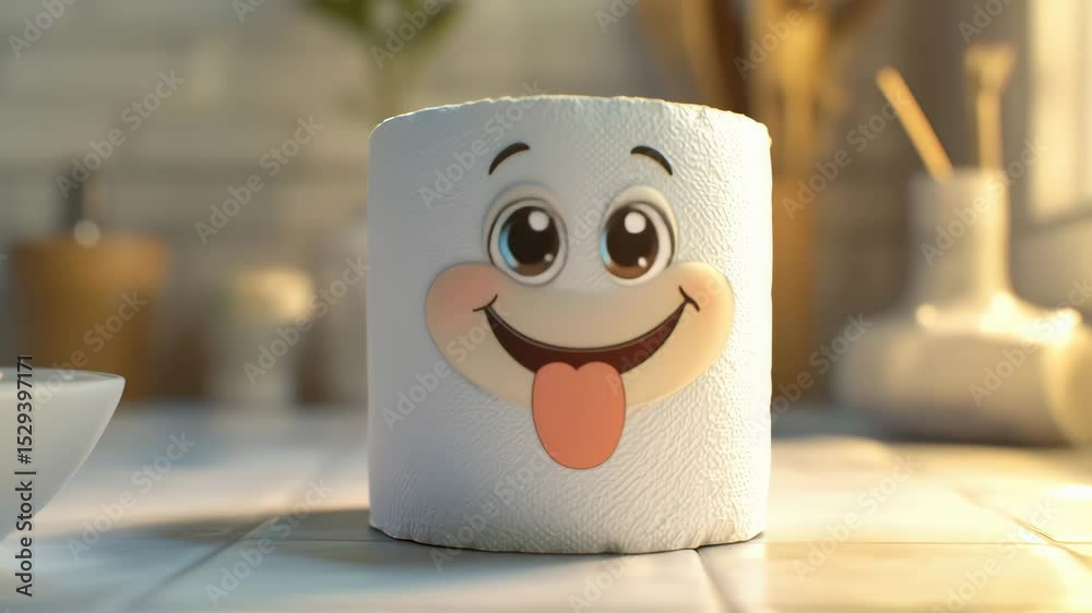 A cheerful roll of toilet paper featuring a friendly cartoon face sits on a countertop in a sunny kitchen. It brings a vibe of joy and lightness to the everyday space, making chores feel fun.