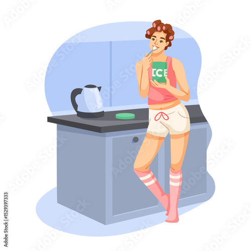 Young woman with curlers eating ice cream in a kitchen, casual outfit, flat cartoon style, modern interior background. Concept of relaxation. Vector illustration