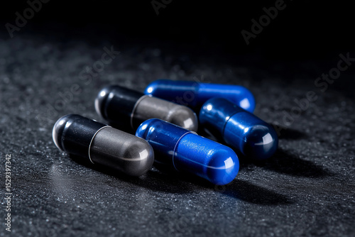 Close up view of black and blue capsules lined on surface representing strict medical regimens. Medical concept