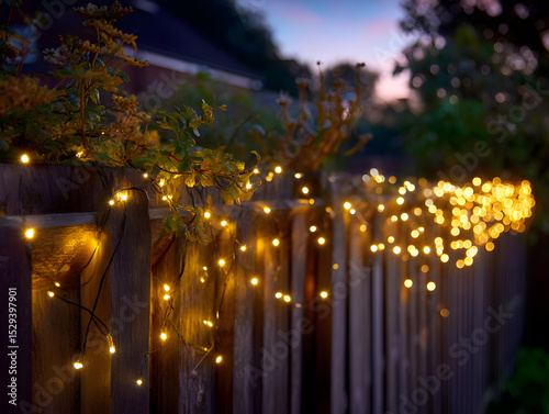 Illuminated string lights draped over a wooden fence at dusk creating a warm and festive atmosphere