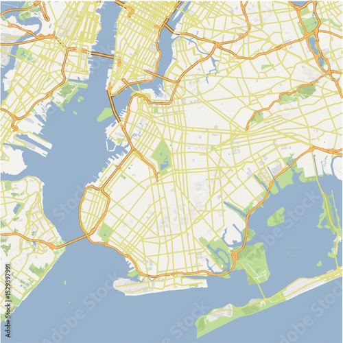 Map of Brooklyn in New York in a normal road map style. Contains layered vector with roads water, parks, etc.