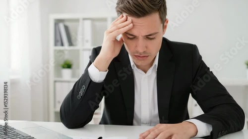 Stressed businessman reviewing documents at desk	