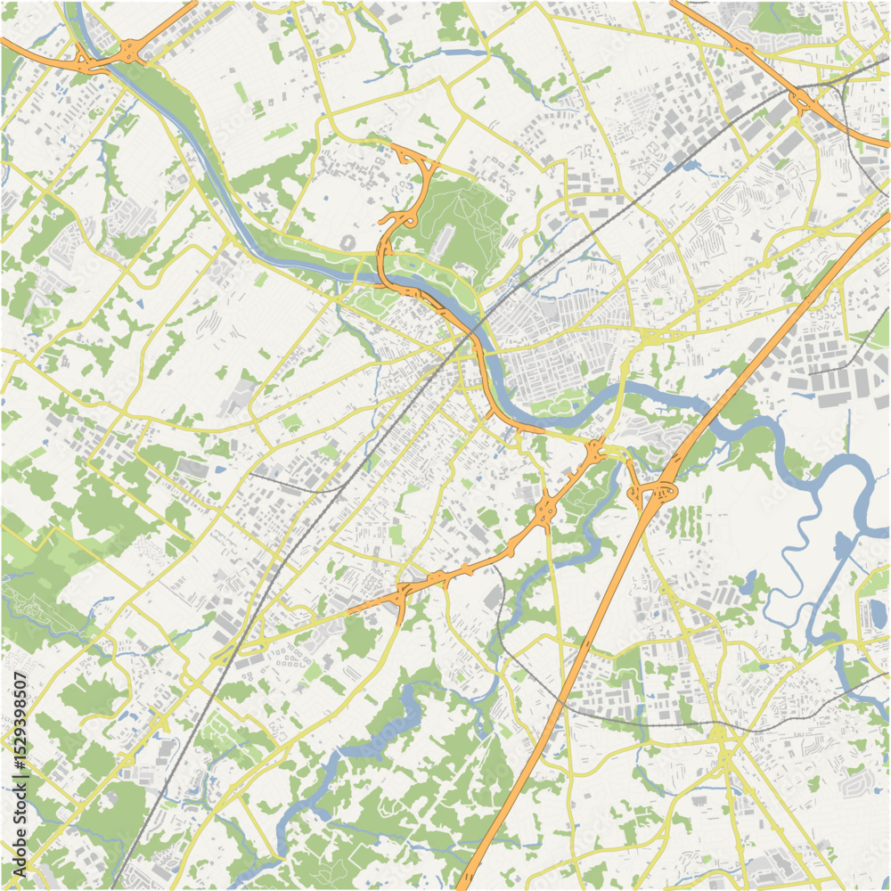 Fototapeta premium Map of New Brunswick in New Jersey in a normal road map style. Contains layered vector with roads water, parks, etc.