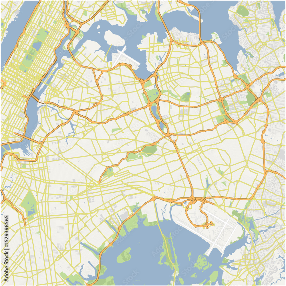 Obraz premium Map of Queens in New York in a normal road map style. Contains layered vector with roads water, parks, etc.