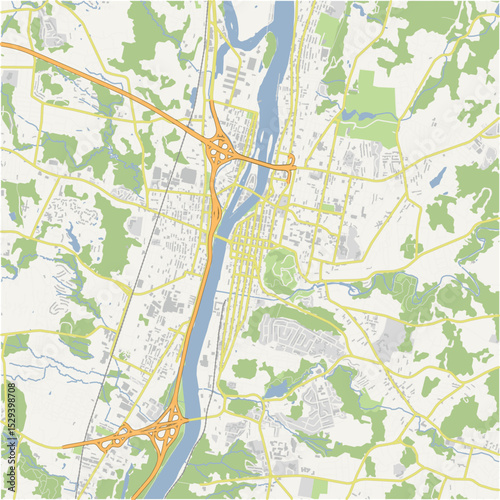 Map of Troy in New York in a normal road map style. Contains layered vector with roads water, parks, etc.