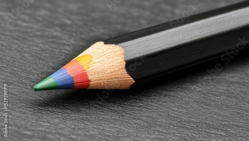 Close-up of a multi-colored pencil tip on dark slate