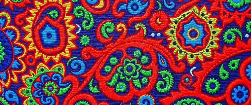 Fototapeta premium Intricate paisley print in vibrant blues, greens, and reds, close-up texture, blue, craft