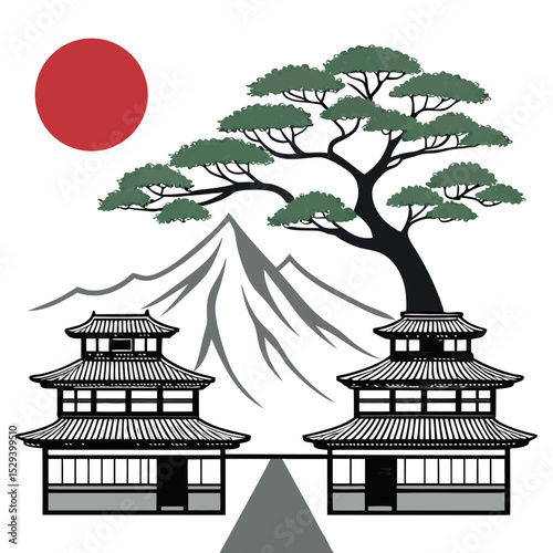 Traditional japanese landscape design featuring temples mountain and bonsai tree