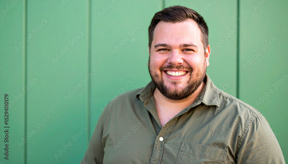 Obraz premium Happy plus size man against green wall. Portrait of young male.