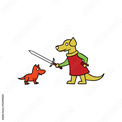 A dog as a knight fighting a dragon