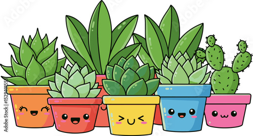 Adorable Kawaii Succulents and Cactus in Colorful Pots Cute Illustration