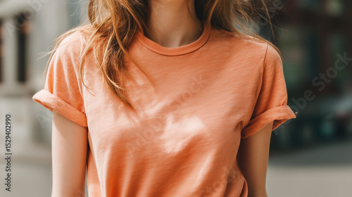 Young Woman Wearing Peach T Shirt Standing Outdoors in Natural Light