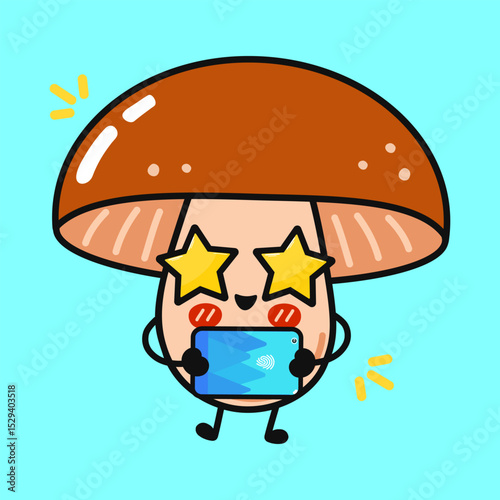 Cheerful Mushroom character grasping tablet, sporting star-shaped eyes, delivering playful cartoon charm for kid-friendly design projects