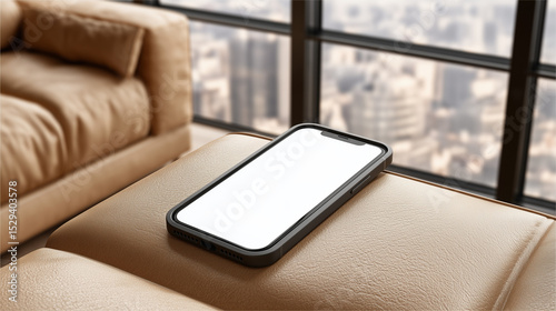Smartphone with blank screen on beige sofa in modern high-rise apartment