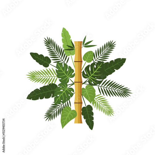 Bamboo stem with tropical leaves arrangement