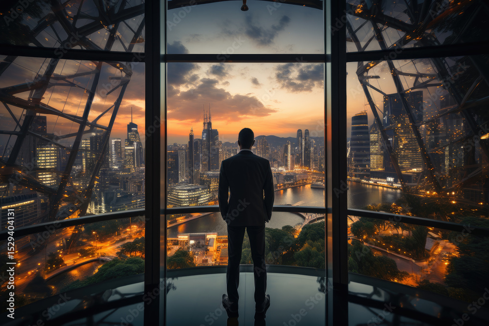 Fototapeta premium A businessman stands confidently by a large window, gazing at a breathtaking city skyline during sunset, embodying ambition and success in a metropolitan environment.