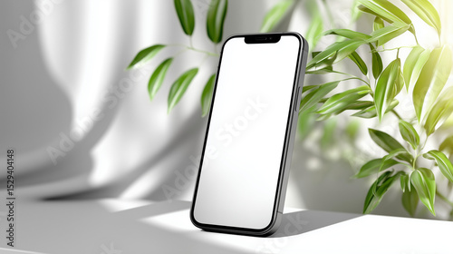 Modern Smartphone with Blank Screen on White Surface with Green Plant