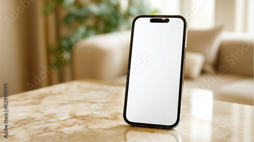 Modern Smartphone Standing on Marble Table in Bright Living Room