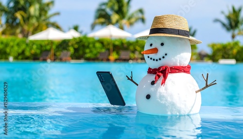 Snowman poolside with phone with tropics.