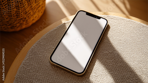 Smartphone with Blank Screen on Wooden Surface in Bright Natural Light