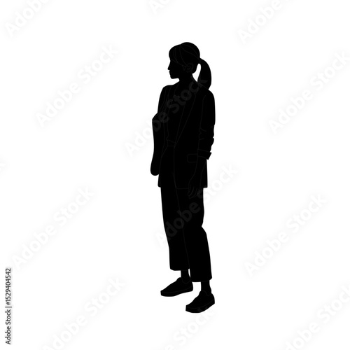 説明を聞いている女性1ビジネススーツを着た女性が立って説明を聞いているシルエットイラスト