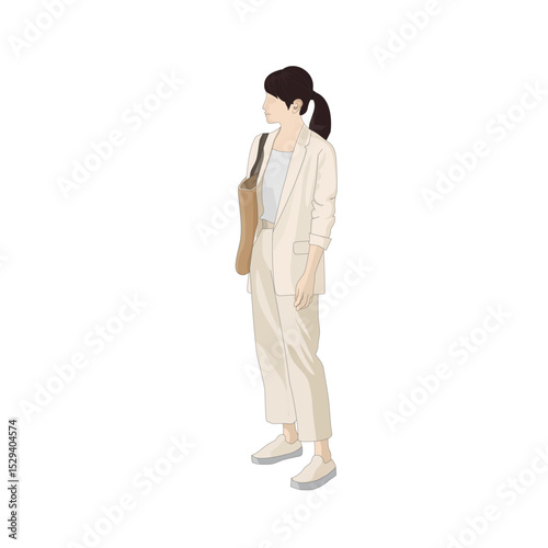 ビジネススーツを着た女性が立って説明を聞いているイラスト