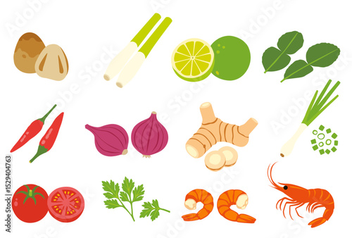 Thai Food TOM YUM KUNG ingredients vector logo isolated on white background.	
