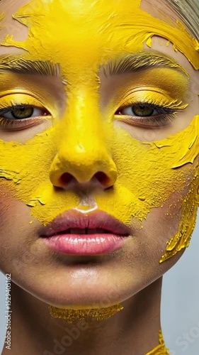 AI Generative Female face covered with color glossy paint, close-up of woman beauty advertisement