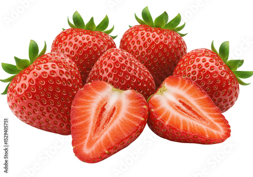 Freshly cut strawberries arranged artistically on a white background, showcasing their vibrant color