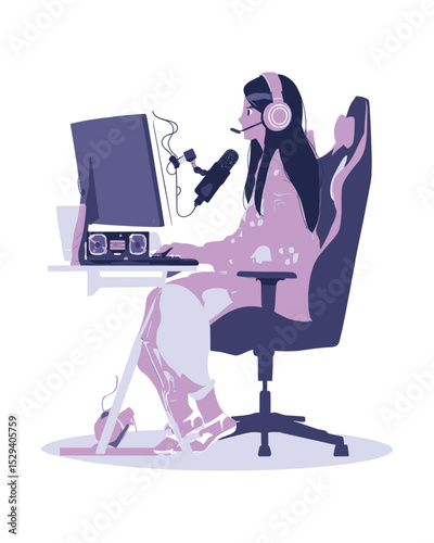 Young Woman Engaged in Live Streaming with Headset and Computer