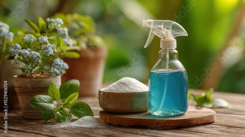 Organic pest control method. A spray bottle next to a bowl of salt, surrounded by plants on a wooden surface.