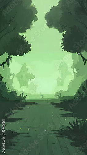 Mysterious fantasy landscape with a lone explorer on a path, vertical background for phone wallpaper.