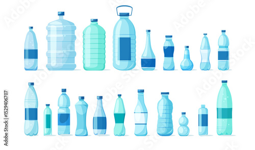 Collection of plastic water bottles in diverse shapes and volumes, flat graphic style, isolated on white background. Concept of packaging and hydration. Vector illustration