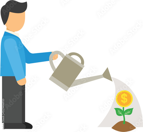 Investment growth depicted through watering a money plant illustration