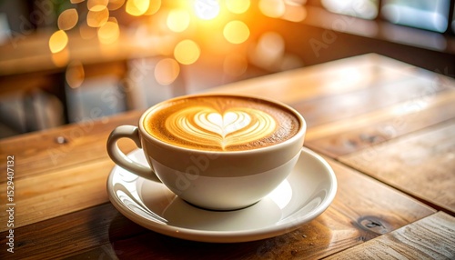 Wallpaper Mural A cup of cappuccino sits on a wooden table, adorned with a beautiful heart shaped latte art design, illuminated by the warm, soft glow of sunlight bokeh. Torontodigital.ca