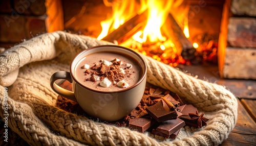 A delicious cup of hot chocolate with hmallows sits on a knitted blanket near a warm fireplace with chocolate chunks for a cozy winter night scene.