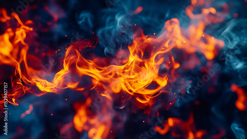 Abstract fiery flames with smoke and embers against a deep blue atmospheric background.